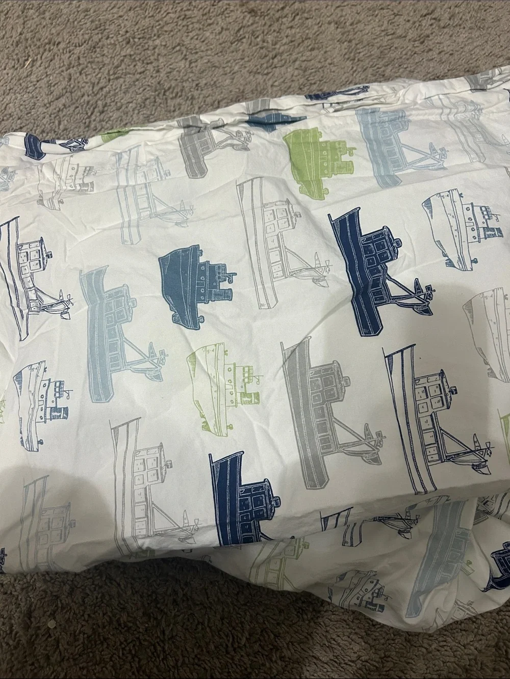 Pottery Barn Kids Boat Print  Twin Navy, Light Blue & Green Sheet set 3 pcs